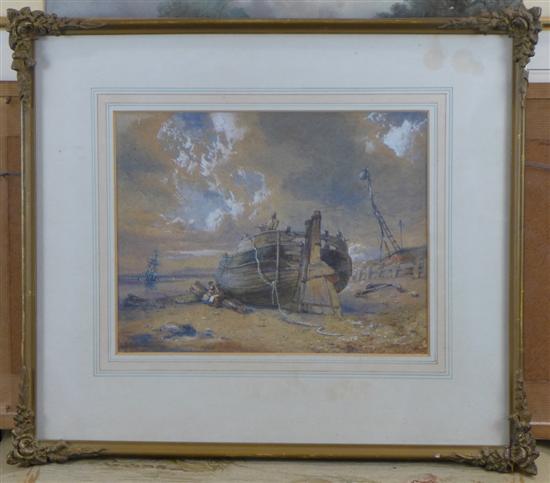 William J. Calcott , watercolour, Fishing boat at low tide(-)